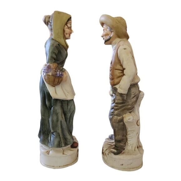 Hand Painted Rare Vintage 2-Piece Porcelain Old Couple Farmer Figurine Size 10" - Picture 6 of 7